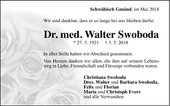 Traueranzeige von Walter Swoboda von Gmünder Tagespost