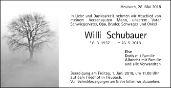 Traueranzeige von Willi Schubauer von Gmünder Tagespost