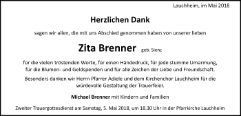 Traueranzeige von Zita Brenner von Schwäbische Post