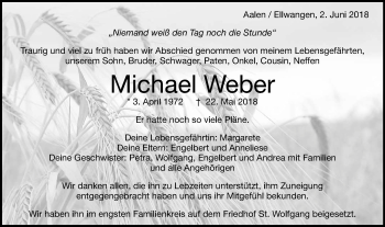 Traueranzeige von Michael Weber  von Schwäbische Post