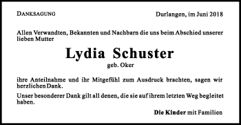 Traueranzeige von Lydia Schuster  von Gmünder Tagespost