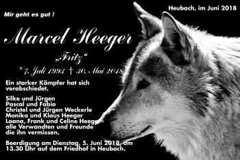 Traueranzeige von Marcel Heeger  von Gmünder Tagespost