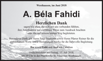 Traueranzeige von A.Bela Fahidi von Schwäbische Post