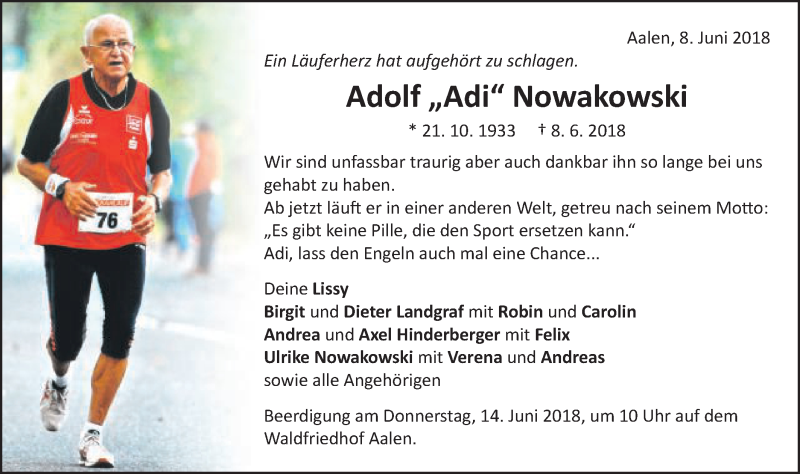  Traueranzeige für Adolf Nowakowski vom 11.06.2018 aus Schwäbische Post