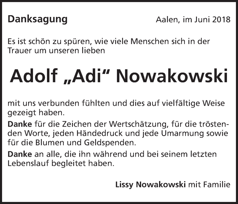  Traueranzeige für Adolf Nowakowski vom 26.06.2018 aus Schwäbische Post