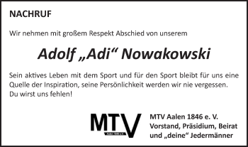 Traueranzeige von Adolf Nowakowski von Schwäbische Post