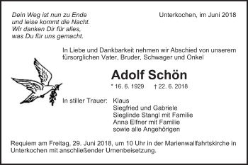 Traueranzeige von Adolf Schön von Schwäbische Post