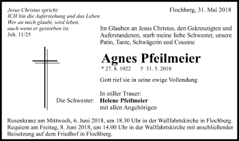 Traueranzeige von Agnes Pfeilmeier von Schwäbische Post