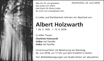 Traueranzeige von Albert Holzwarth von Schwäbische Post