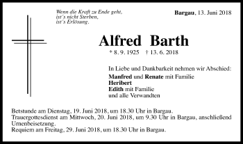 Traueranzeige von Alfred Barth von Gmünder Tagespost