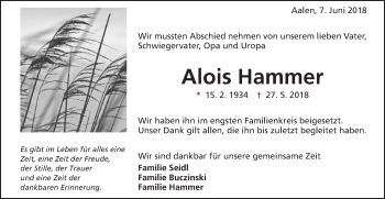 Traueranzeige von Alois Hammer von Schwäbische Post
