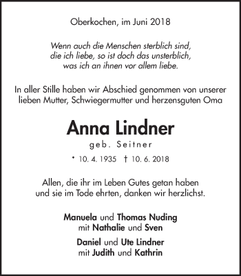 Traueranzeige von Anna Lindner von Amtsblatt_Oko