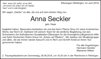 Traueranzeige von Anna Seckler von Schwäbische Post
