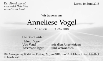 Traueranzeige von Anneliese Vogel von Gmünder Tagespost