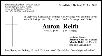 Traueranzeige von Anton Reith von Gmünder Tagespost