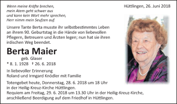 Traueranzeige von Berta Maier von Schwäbische Post