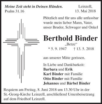 Traueranzeige von Berthold Binder von Gmünder Tagespost
