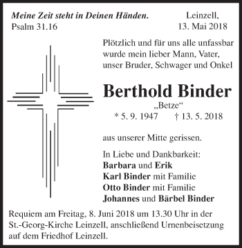 Traueranzeige von Berthold Binder