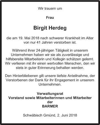 Traueranzeige von Birgit Herdeg von Gmünder Tagespost