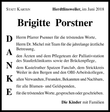 Traueranzeige von Brigitte Porstner von Gmünder Tagespost