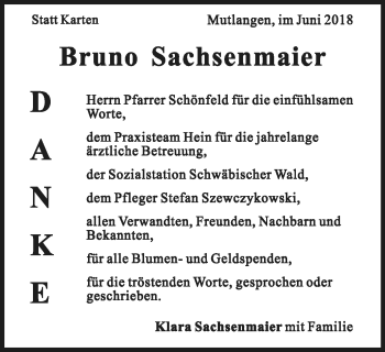 Traueranzeige von Bruno Sachsenmaier von Gmünder Tagespost