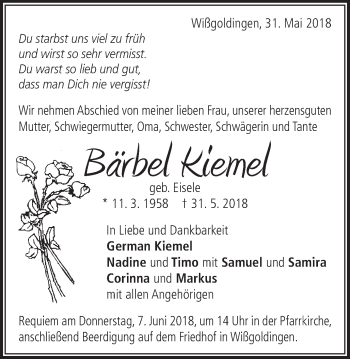 Traueranzeige von Bärbel Kiemel von Gmünder Tagespost