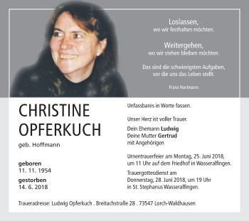 Traueranzeige von Christine Opferkuch von Schwäbische Post