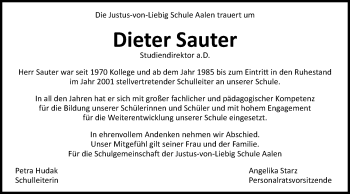 Traueranzeige von Dieter Sauter von Schwäbische Post