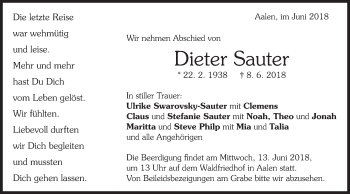 Traueranzeige von Dieter Sauter von Schwäbische Post