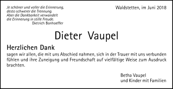 Traueranzeige von Dieter Vaupel von Gmünder Tagespost