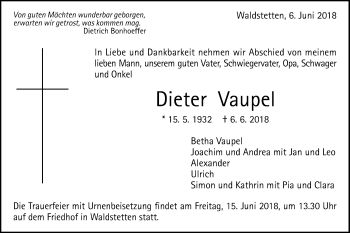 Traueranzeige von Dieter Vaupel von Gmünder Tagespost