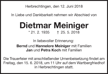 Traueranzeige von Dietmar Meiniger von Schwäbische Post