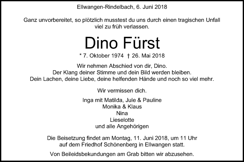  Traueranzeige für Dino Fürst vom 06.06.2018 aus Schwäbische Post
