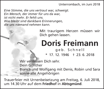 Traueranzeige von Doris Freimann von Schwäbische Post