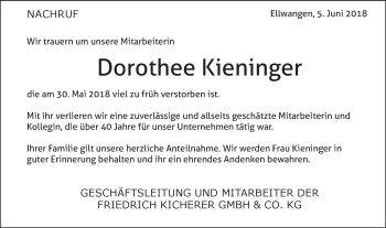 Traueranzeige von Dorothee Kieninger von Schwäbische Post