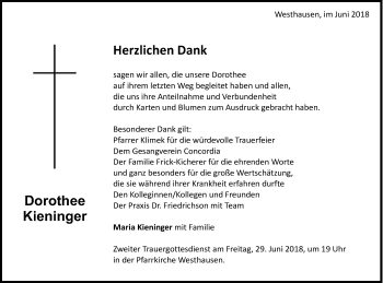 Traueranzeige von Dorothee Kieninger von Schwäbische Post