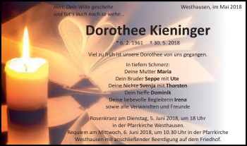 Traueranzeige von Dorothee Kieninger von Schwäbische Post