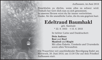 Traueranzeige von Edeltraud Baumhakl von Schwäbische Post