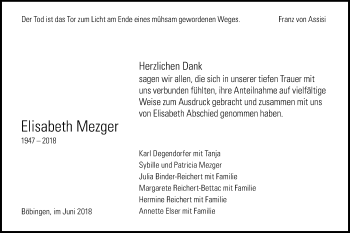 Traueranzeige von Elisabeth Mezger von Gmünder Tagespost
