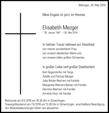 Traueranzeige von Elisabeth Mezger von Gmünder Tagespost