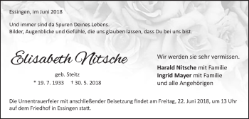 Traueranzeige von Elisabeth Nitsche von Schwäbische Post