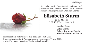 Traueranzeige von Elisabeth Sturm von Schwäbische Post