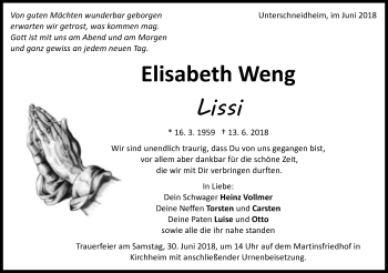 Traueranzeige von Elisabeth Weng von Schwäbische Post