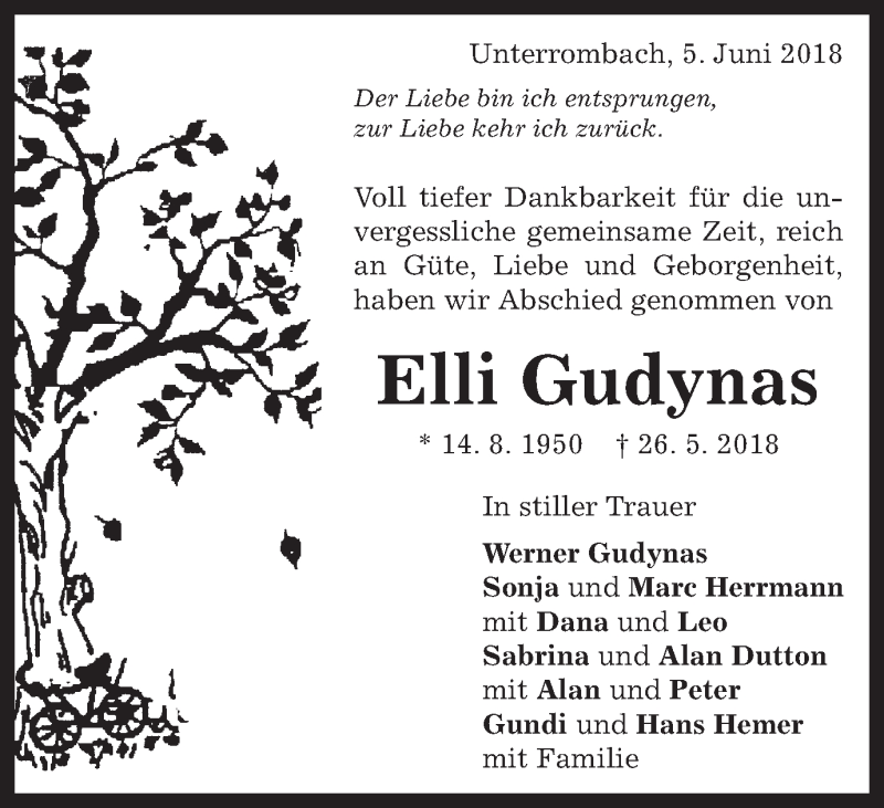  Traueranzeige für Elli Gudynas vom 05.06.2018 aus Schwäbische Post