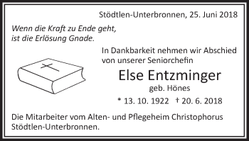 Traueranzeige von Else Entzminger von Schwäbische Post