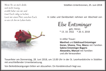 Traueranzeige von Else Entzminger von Schwäbische Post