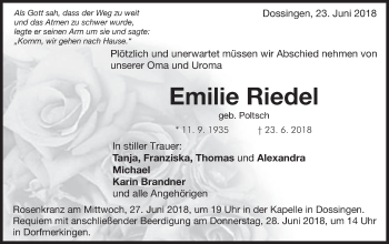 Traueranzeige von Emilie Riedel von Schwäbische Post