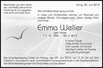 Traueranzeige von Emma Weller von Gmünder Tagespost