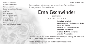 Traueranzeige von Erna Gschwinder von Schwäbische Post