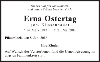 Traueranzeige von Erna Ostertag von Schwäbische Post